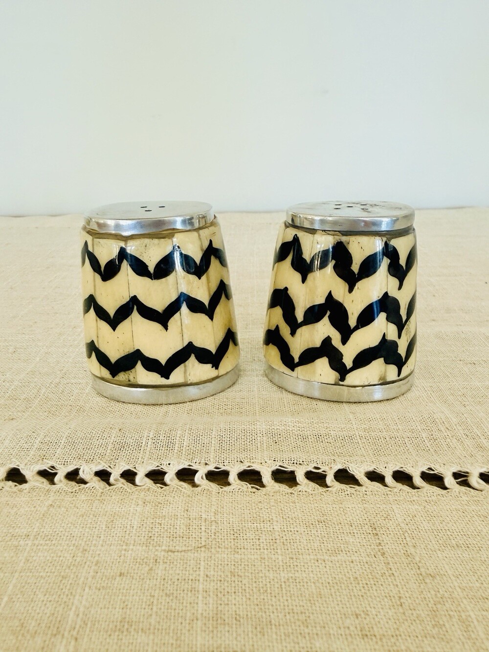 Vintage Bone Inlay Salt Pepper Shakers Chevron Black Cream Silver Tone Boho